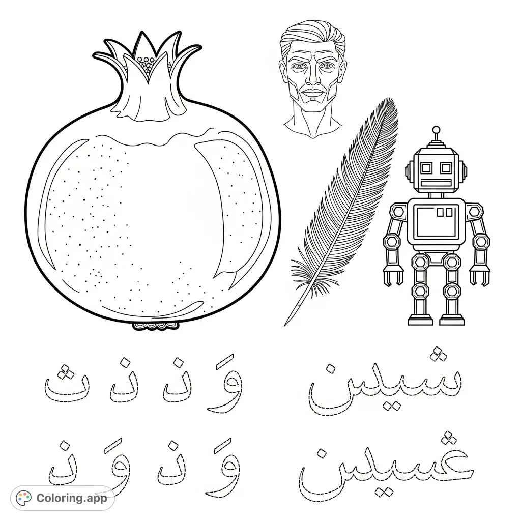 Explore the Arabic letter Raa with a fun, free printable coloring page featuring a pomegranate, man, feather, and robot for an engaging learning experience.