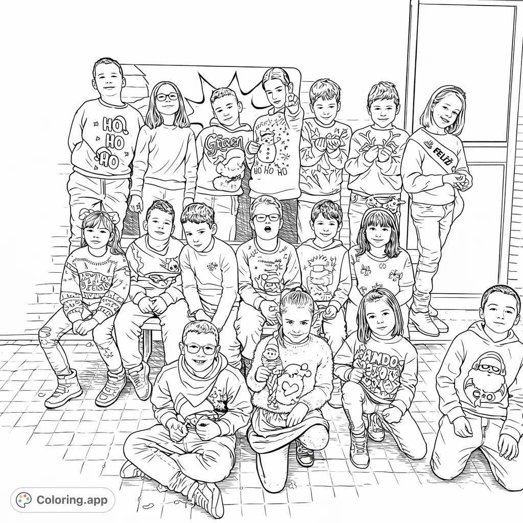 A heartwarming group portrait of fourteen children in festive sweaters, celebrating together. Perfect for adding your unique artistic touch!