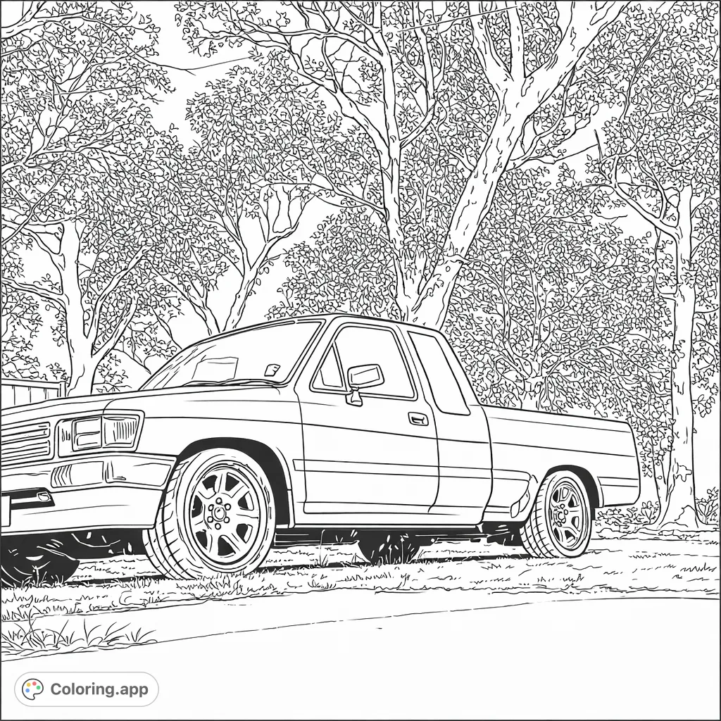 Color a classic pickup truck parked by tall trees and a cloudy sky. This detailed vehicle scene features a distinctive body, intricate wheels, and natural surroundings.