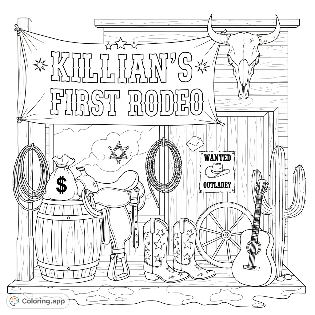 Explore a bustling Western general store facade with a "KILLIAN'S FIRST RODEO" banner, detailed saddle, cowboy gear, and a "WANTED OUTLAW" poster.