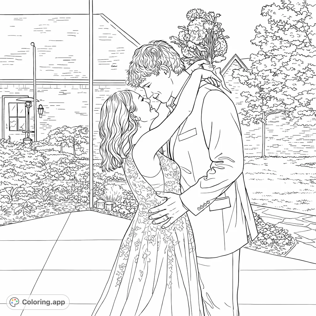 A loving couple embraces on their wedding day, surrounded by elegant garden details. A romantic scene perfect for celebrating love and special moments.