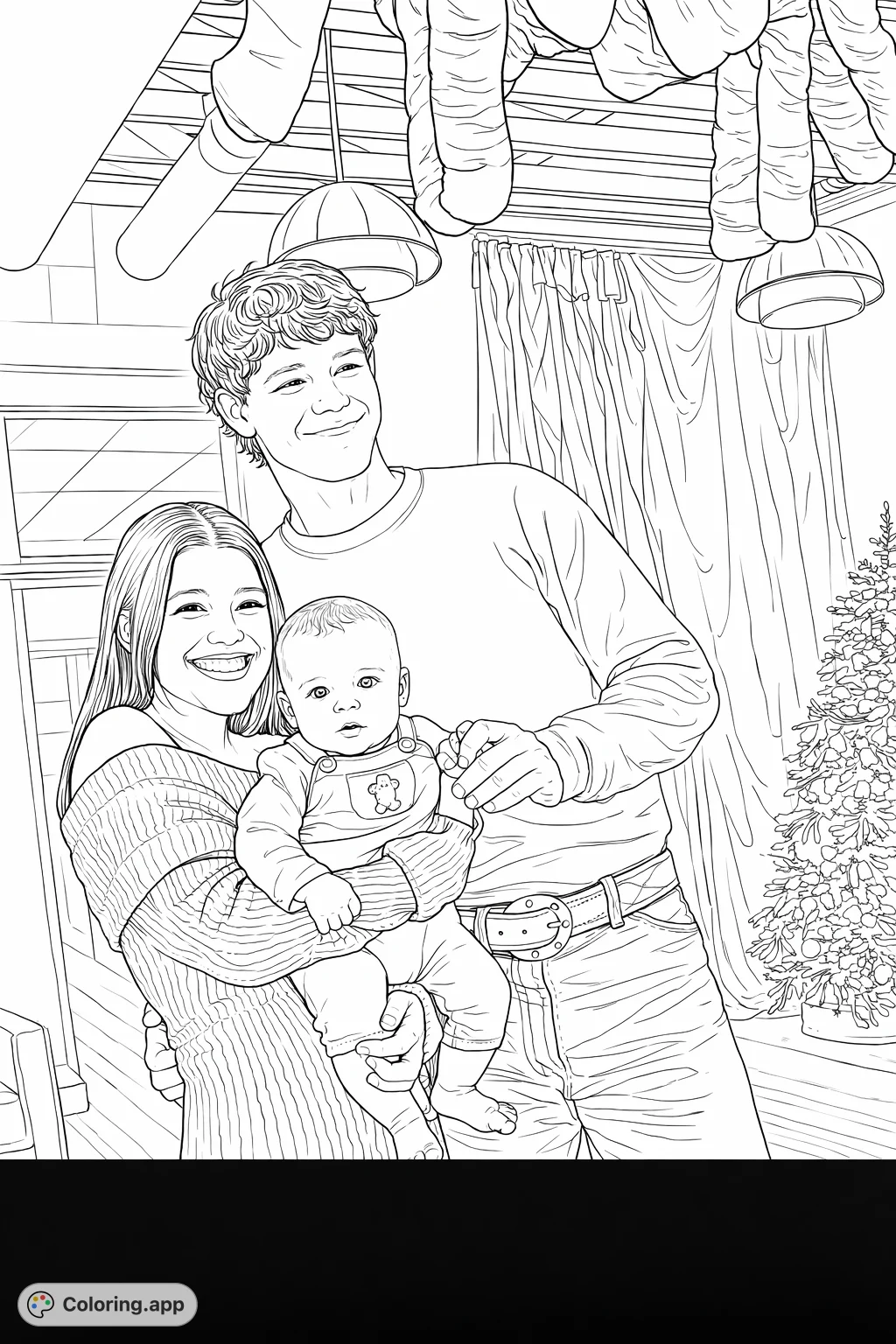 Capture the joy of a family's holiday celebration. A heartwarming portrait featuring parents and their baby amidst festive decorations, perfect for creating cherished memories.