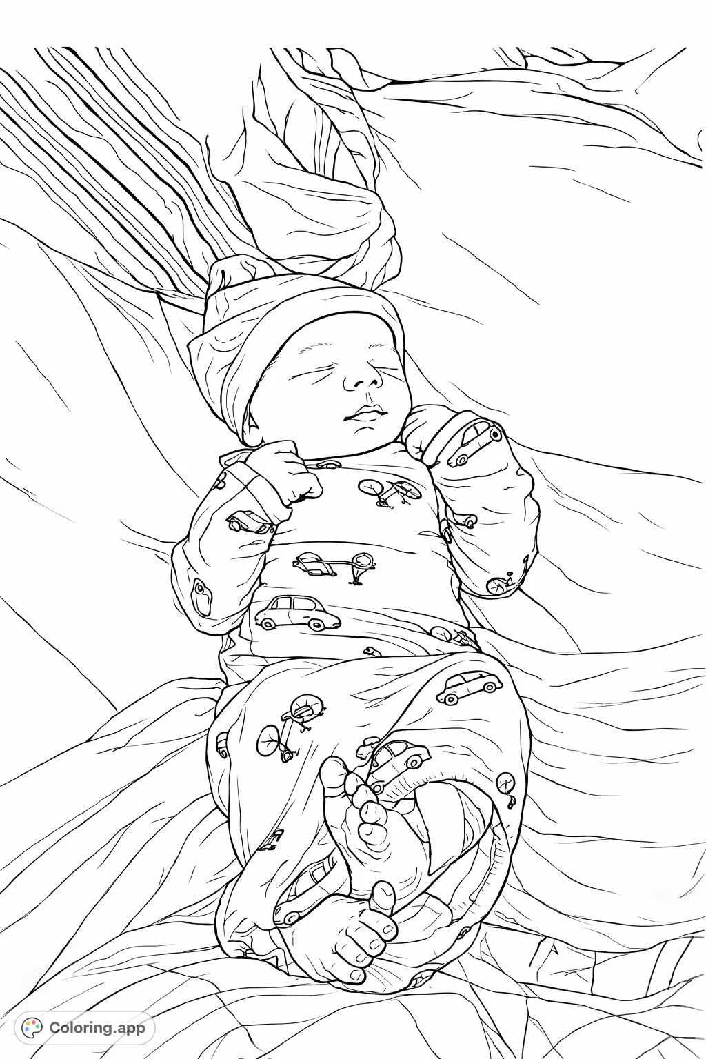 Capture the serene innocence of a sleeping newborn adorned in a charming vehicle-patterned sleepsuit. A heartwarming baby coloring page for all ages.