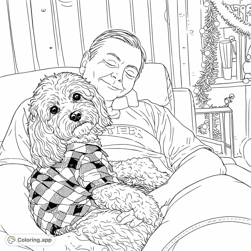 A heartwarming cozy coloring page depicting a man gently hugging his fluffy dog, surrounded by festive decor. Perfect for moments of calm and creativity.