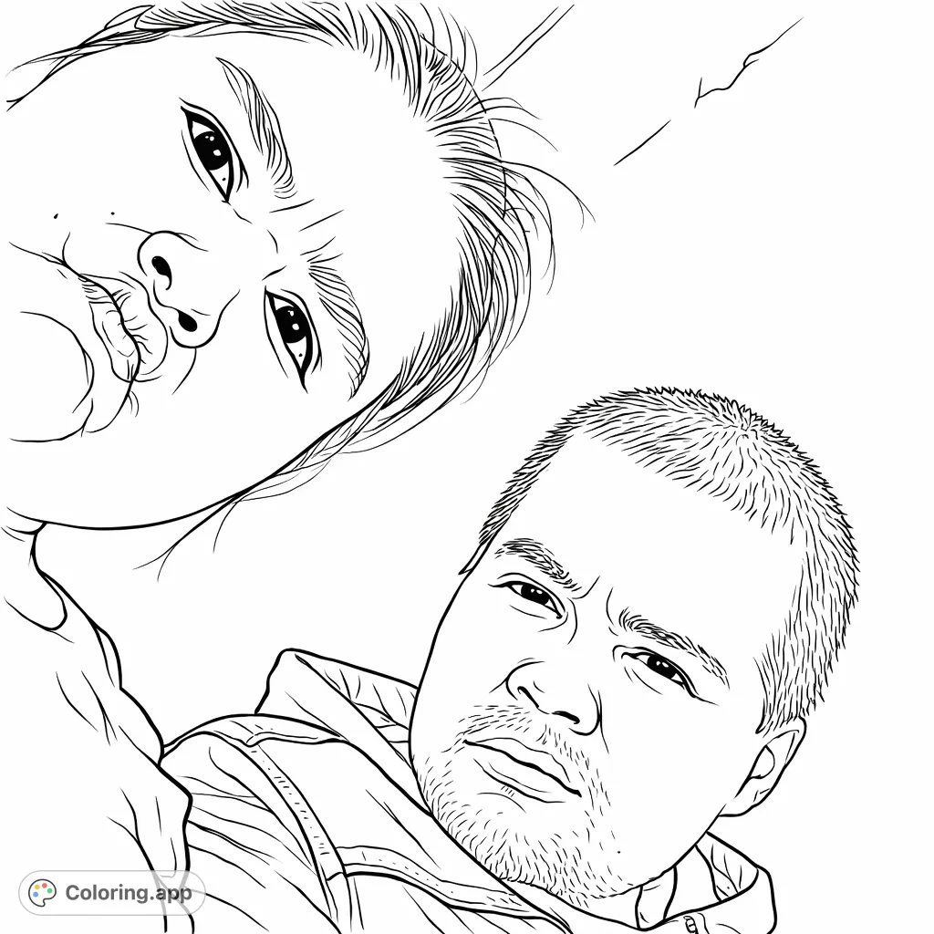 Capture the playful interaction of two individuals in a unique, low-angle portrait. This expressive duo offers fun details for imaginative coloring.