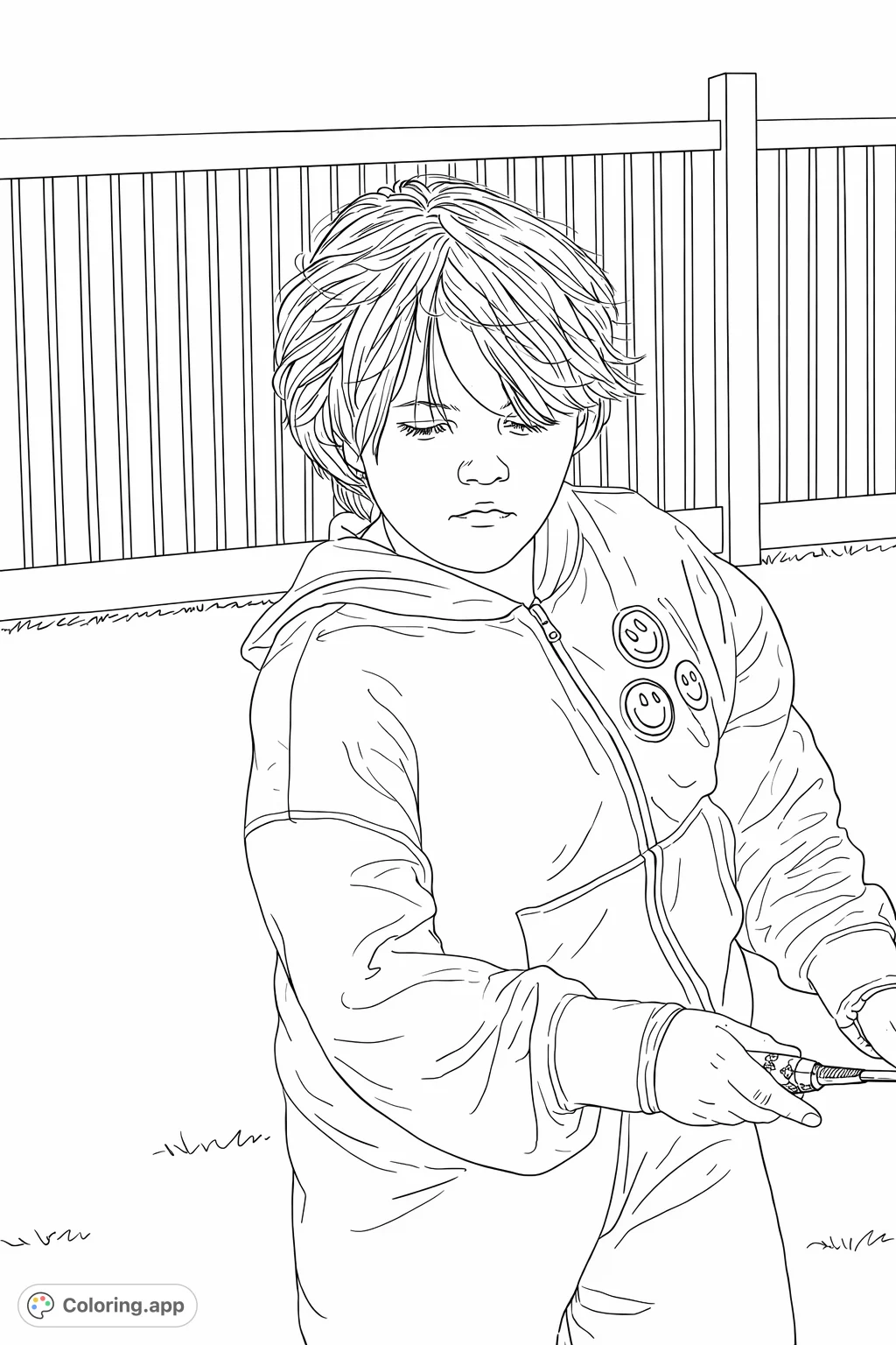 A sweet child in a casual outfit with smiley face designs on their hoodie, enjoying time outdoors by a picket fence. Perfect for a relaxing coloring session.