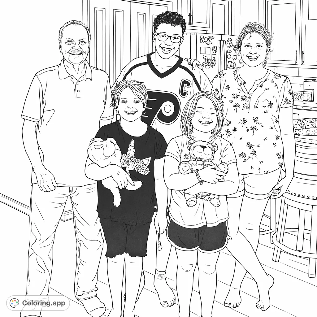 Capture the warmth of a family gathering with this delightful family portrait coloring page featuring five smiling individuals. Perfect for personalizing cherished family moments.