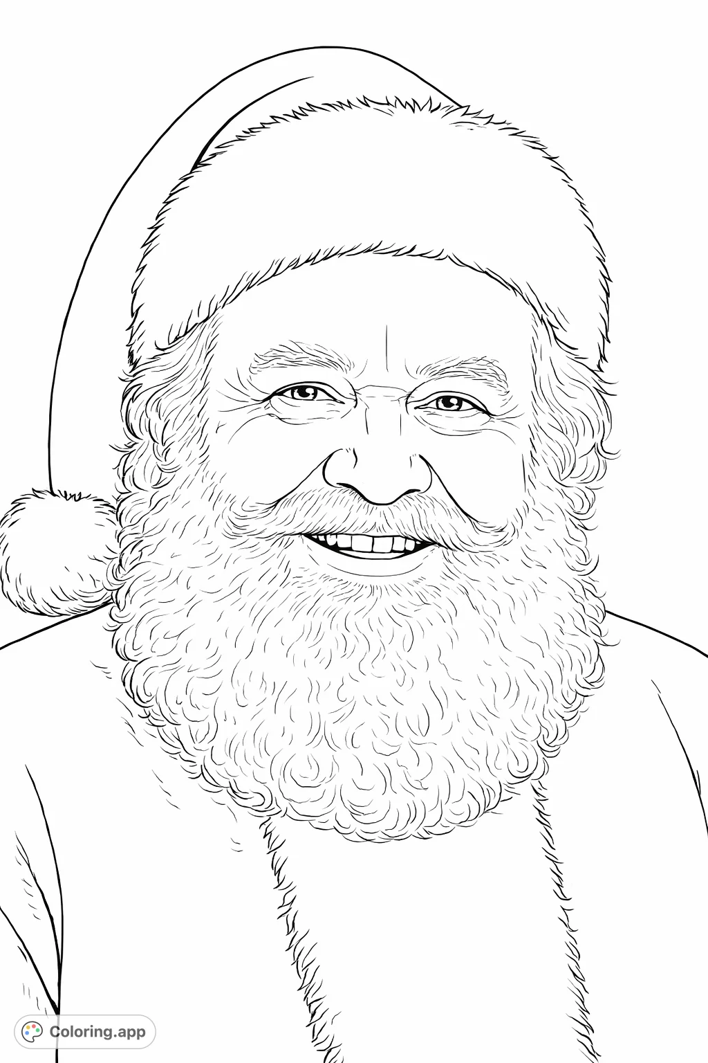 A cheerful Santa Claus with a grand beard and traditional hat, perfect for festive coloring fun. Capture the holiday spirit!