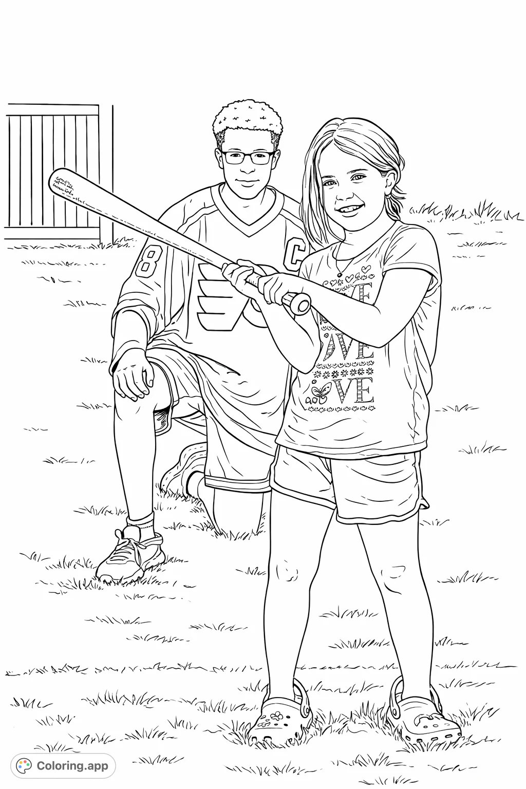 A lively scene featuring two children ready to play baseball, with one batting and the other kneeling in the background on a grassy field, perfect for sports fans.