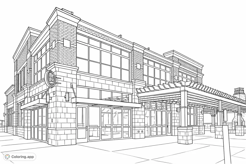 Color a detailed modern building with brick and stone textures, large windows, a distinctive pergola with string lights, and a unique sign. Perfect for architecture enthusiasts.