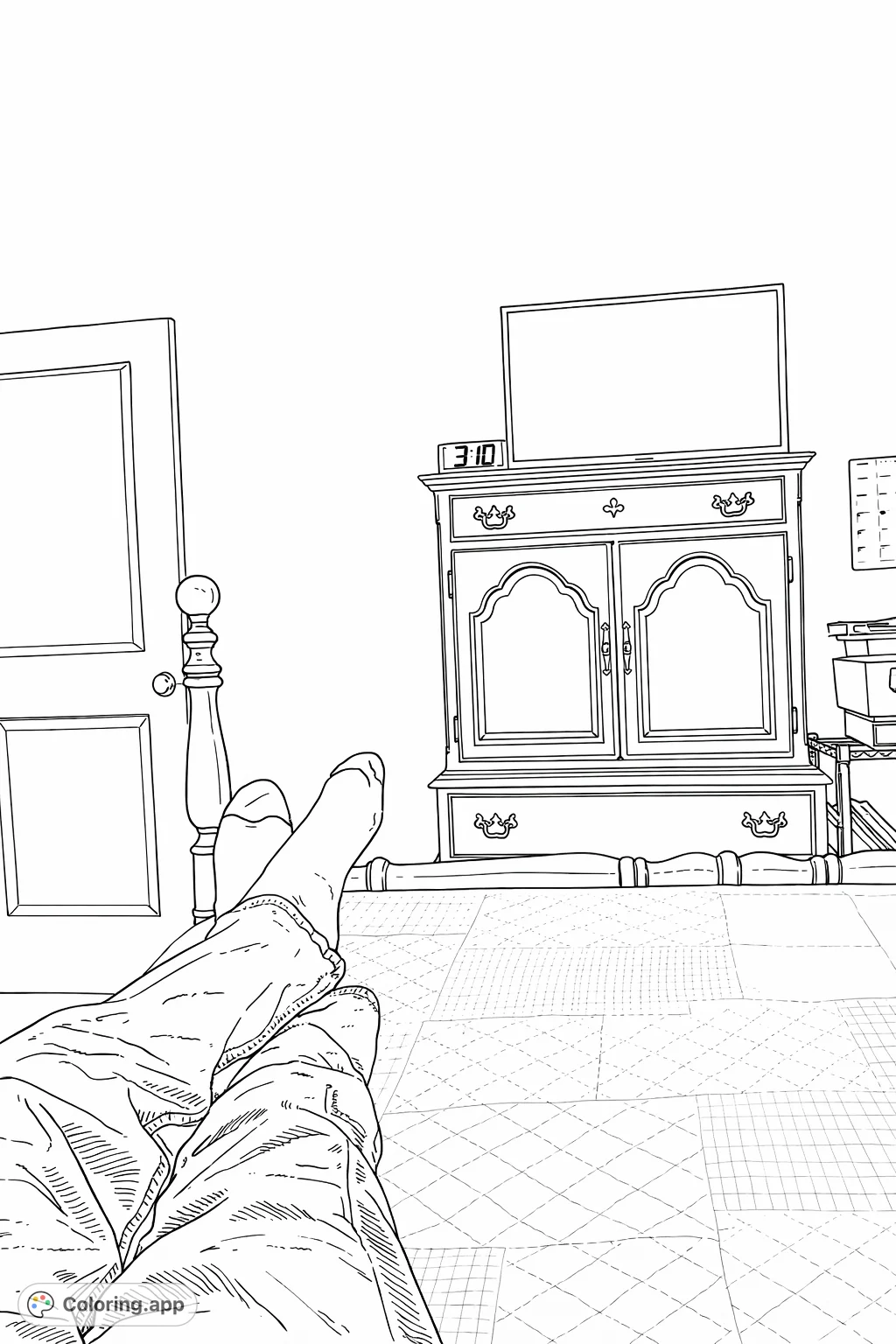 Unwind with this peaceful bedroom scene. Features a person relaxing on a textured bed, a classic wooden cabinet with a TV, and charming room details.