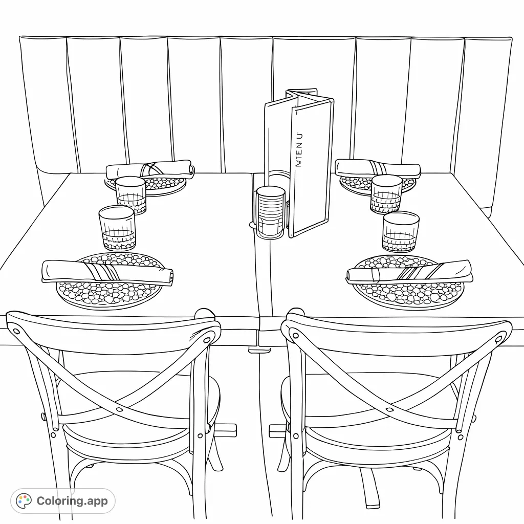 Settle in for a delightful coloring experience with this restaurant table scene. Features elegant place settings, charming wooden chairs, and lush background plants.