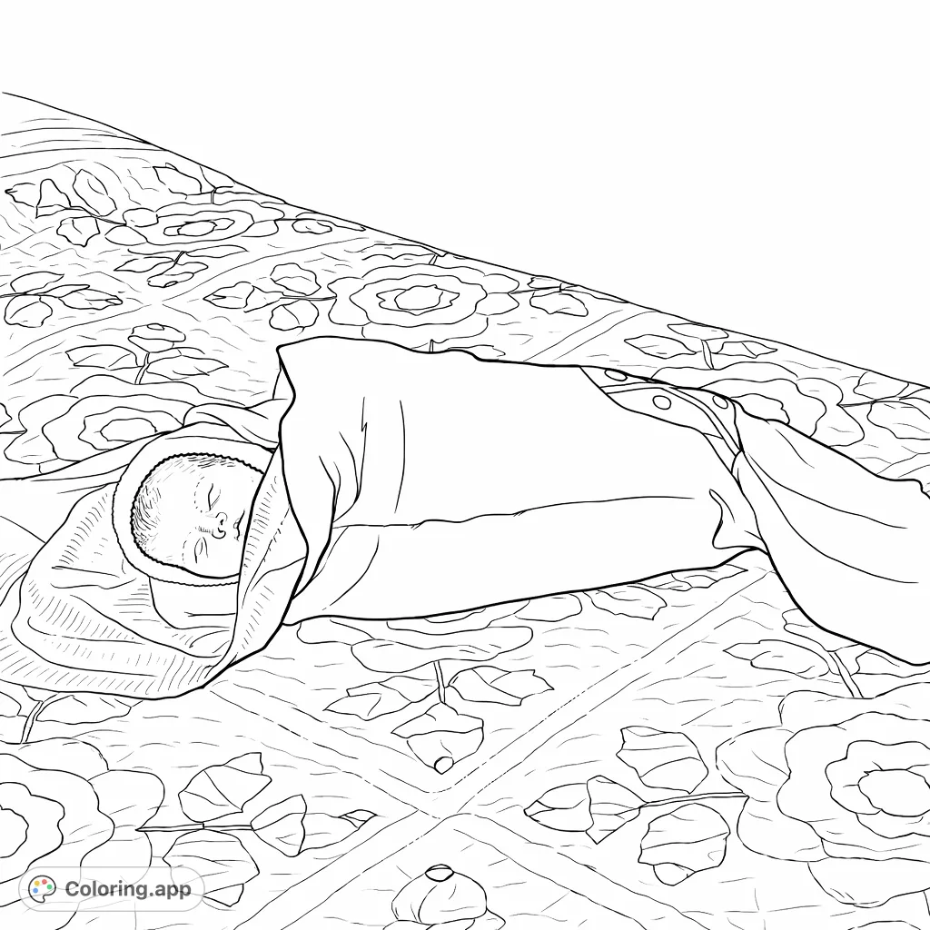 A serene coloring page featuring a newborn baby peacefully sleeping, wrapped in comforting swaddles on a beautifully patterned quilt. Perfect for relaxation.