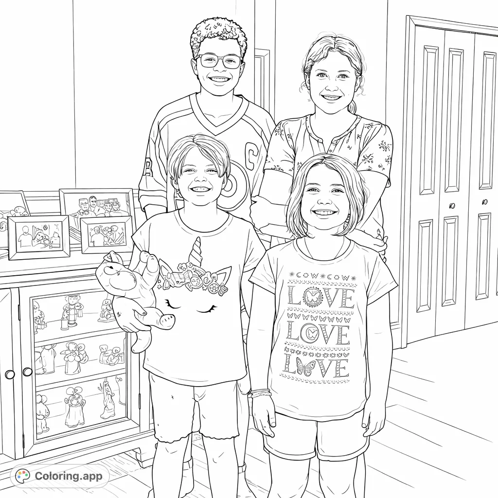 Capture a heartwarming group portrait of four smiling individuals, featuring unique outfits and background details, perfect for all ages.