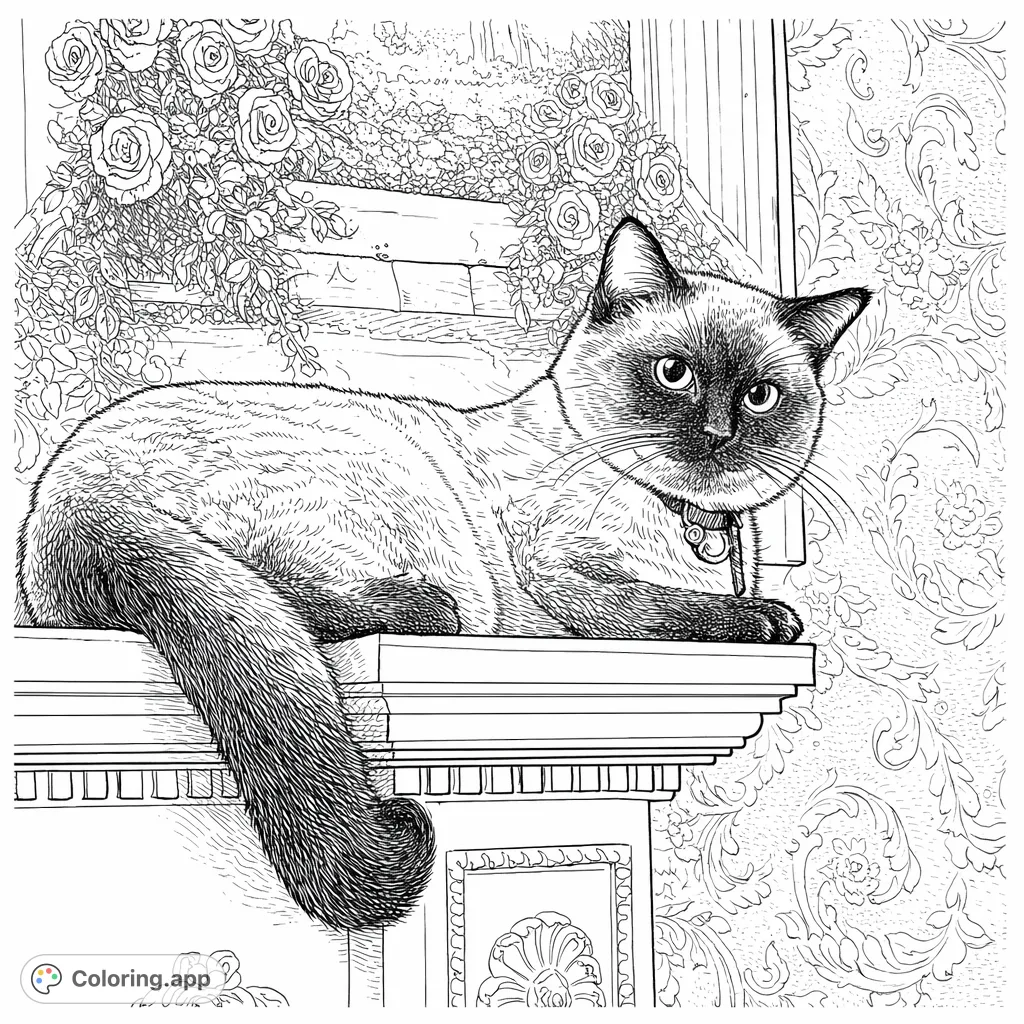 A charming cat lounges on a decorative mantelpiece, set against a backdrop of beautiful roses and intricate wall patterns. A delightful scene for cat lovers.