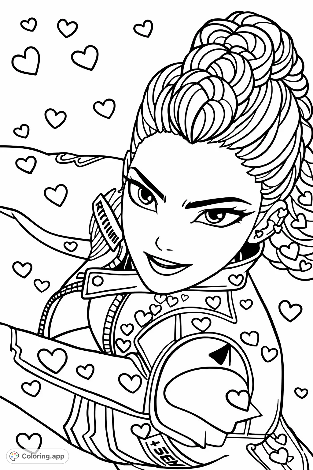 Get ready to color a dynamic, stylized racer with a bold braided hairstyle and a fierce expression, adorned with decorative heart patterns. Perfect for all ages!