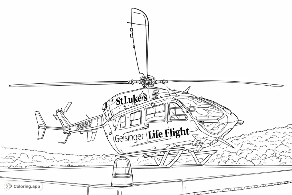 A detailed emergency helicopter awaits on a helipad under a clear sky, offering an engaging transportation coloring page for enthusiasts.