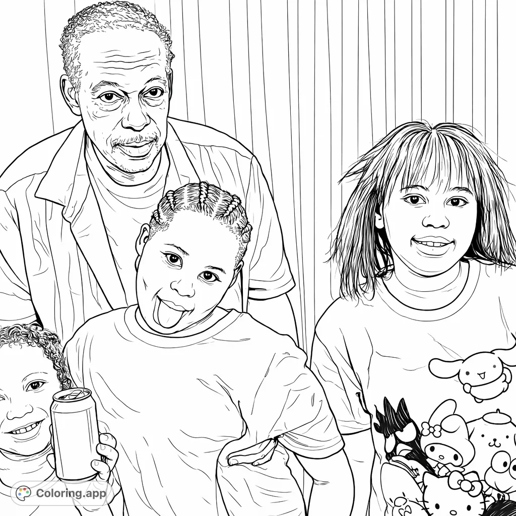 Capture heartwarming family moments with this detailed coloring page featuring an older man and three children. Perfect for all ages to enjoy.