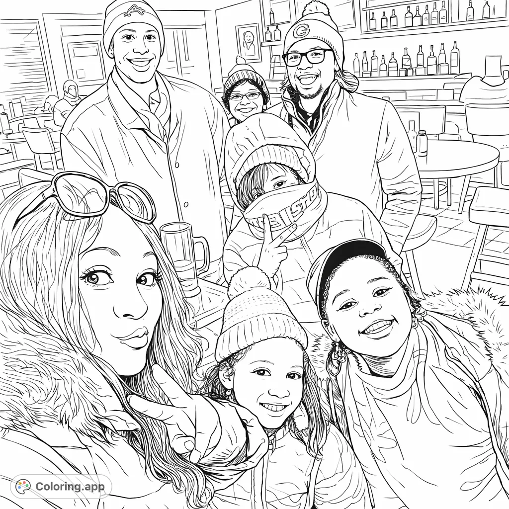 Capture a heartwarming moment of a family and friends enjoying a lively gathering at a restaurant. A detailed scene for a delightful coloring experience.