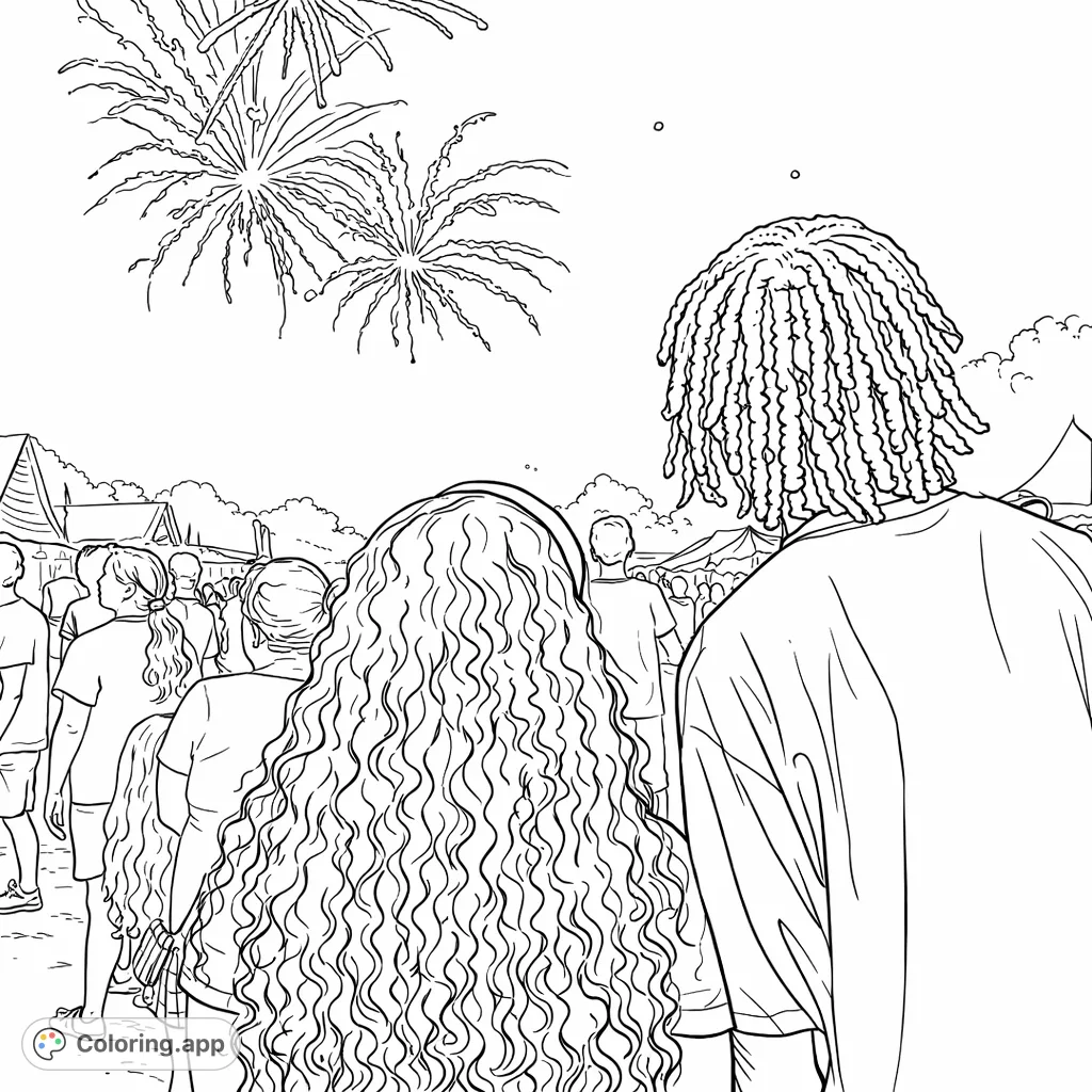 Witness a breathtaking fireworks display at a festive night event. This intricate coloring page captures the magic of a communal celebration.