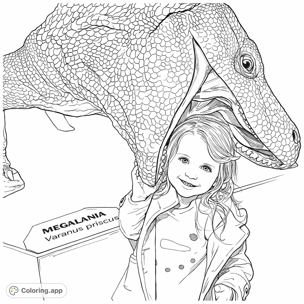 A cheerful child poses playfully with a large, detailed ancient lizard, mouth wide open, creating a fun and imaginative scene for coloring enthusiasts.
