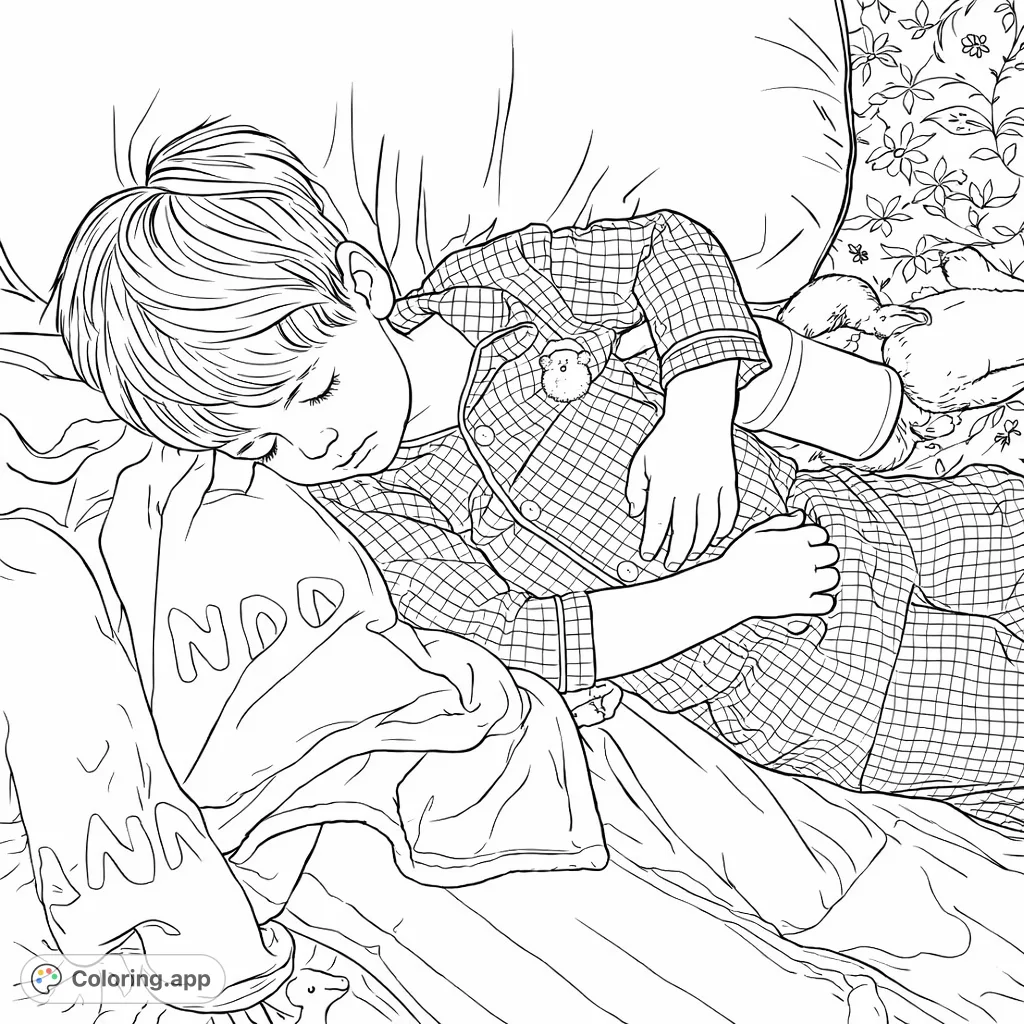 Color this heartwarming scene of a child in checkered pajamas, nestled amongst soft blankets and toys, drifting into a peaceful sleep. A serene moment awaits your creative touch.