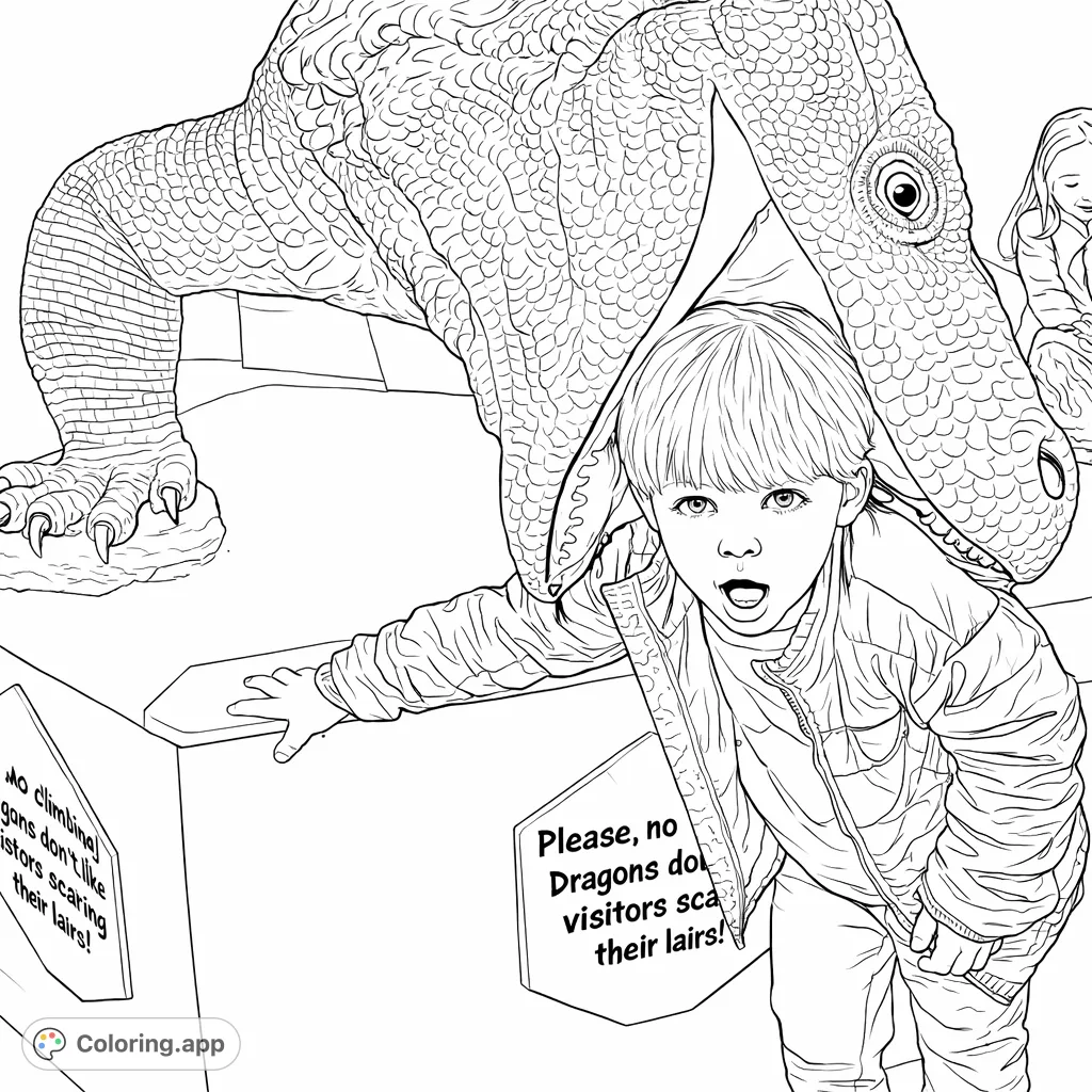 A fun, dynamic dinosaur coloring page featuring a surprised child playfully 'eaten' by a massive creature. Perfect for imaginative adventures!