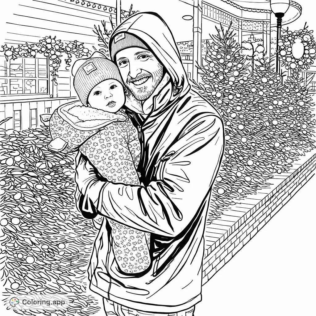 A heartwarming scene of a smiling man holding a bundled baby amidst a festive, light-filled setting. Perfect for celebrating family bonds and cheerful holidays.