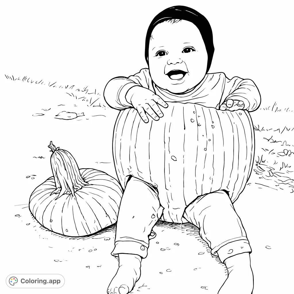 A joyful baby sits happily inside a large, carved pumpkin, wearing a festive costume. Perfect for fall celebrations and cute baby coloring pages.
