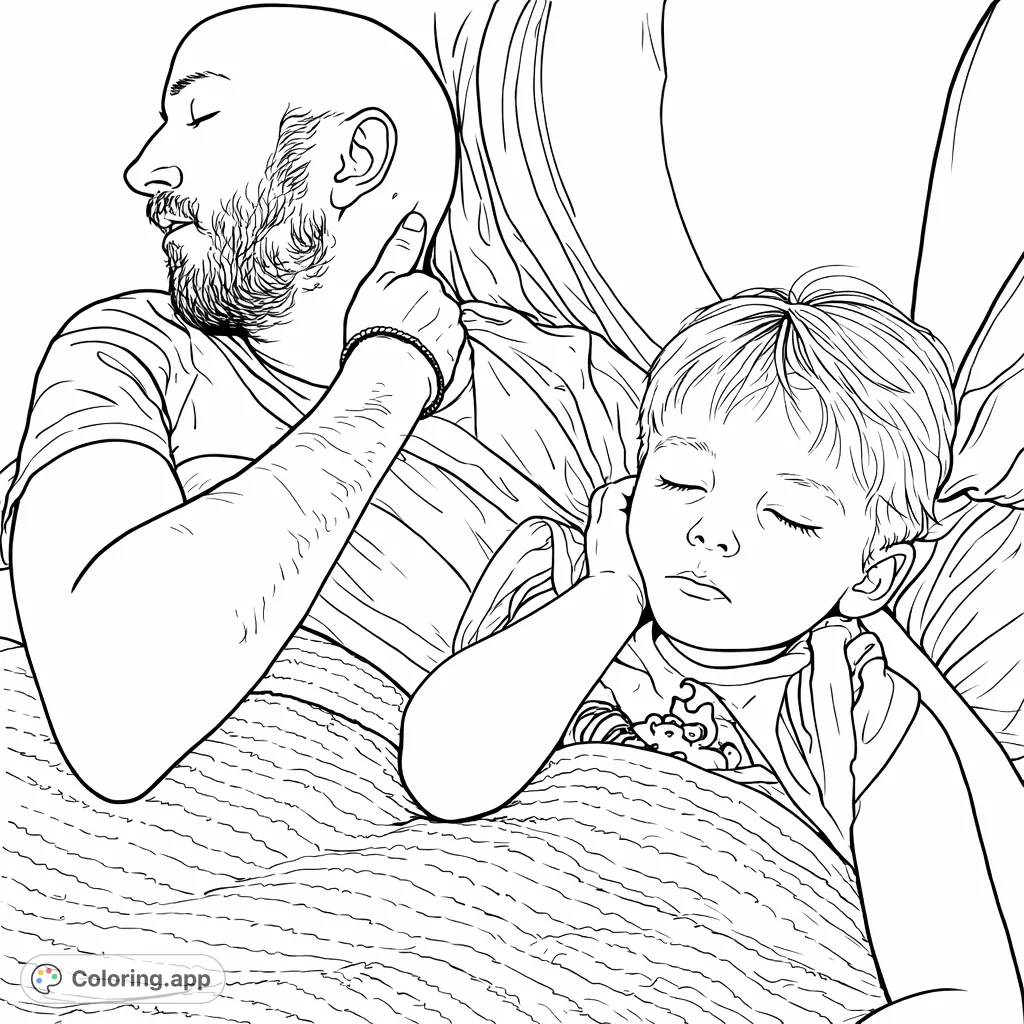 Capture a tender moment of a father and child sleeping together. This peaceful coloring page symbolizes comfort and connection, perfect for all ages.