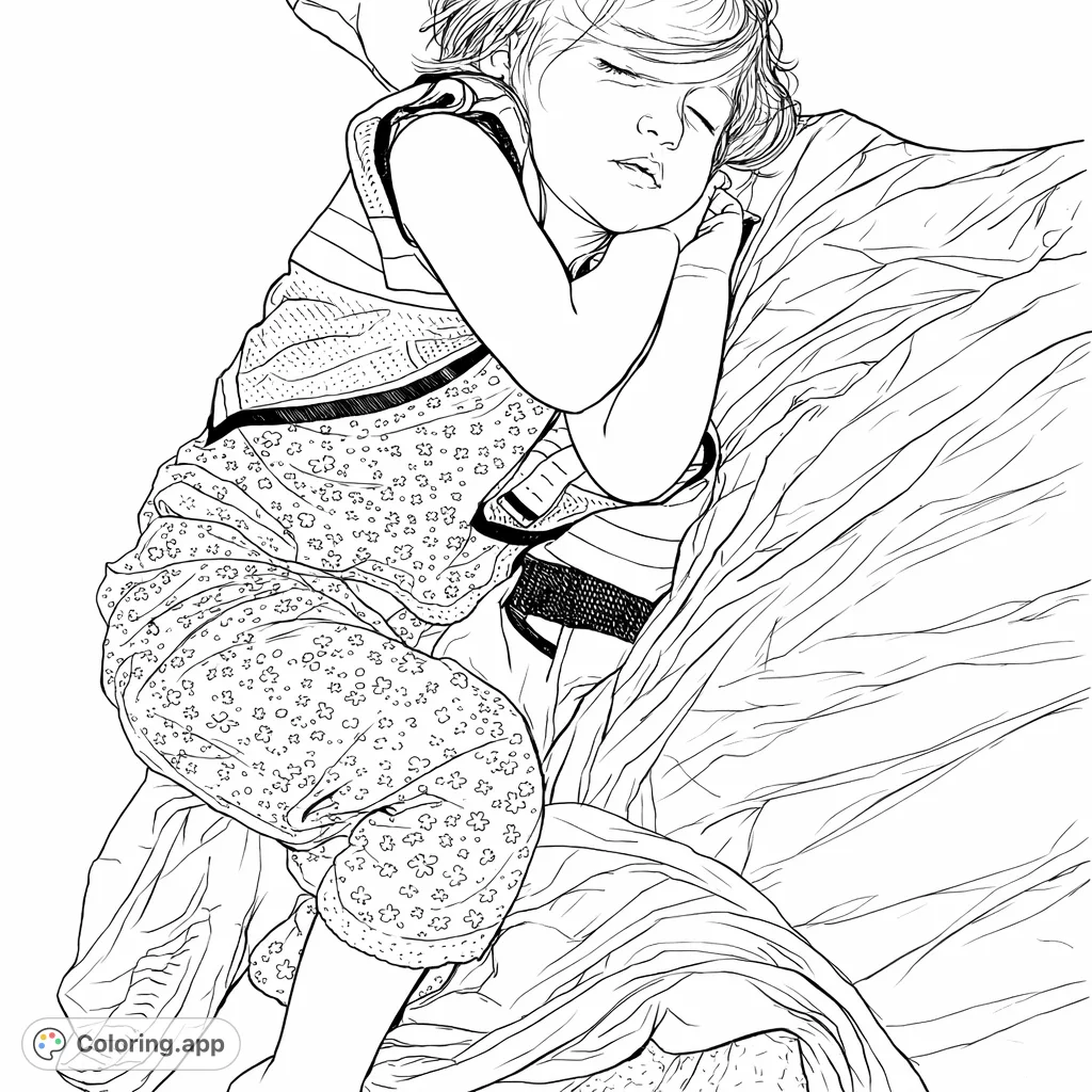 A serene coloring page featuring a child sleeping peacefully in a vest and patterned sleepsuit, curled up on a cozy bed. Perfect for relaxation.