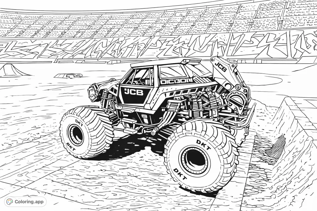 Unleash your creativity with this mighty monster truck coloring page, featuring a powerful vehicle on a dirt track with intricate stadium details.