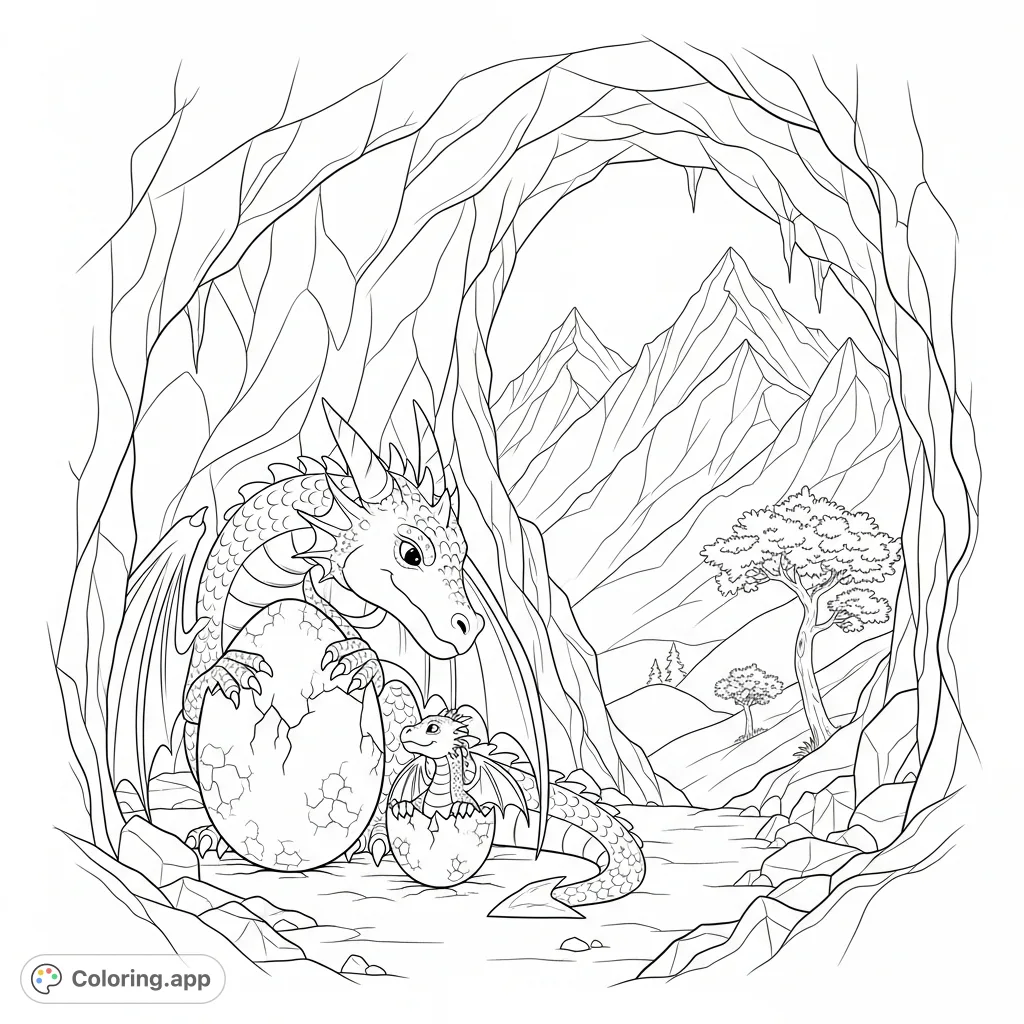 A fantasy dragon coloring page featuring a protective parent dragon and its newly hatched baby in a rugged mountain cave, with peaks in the background.