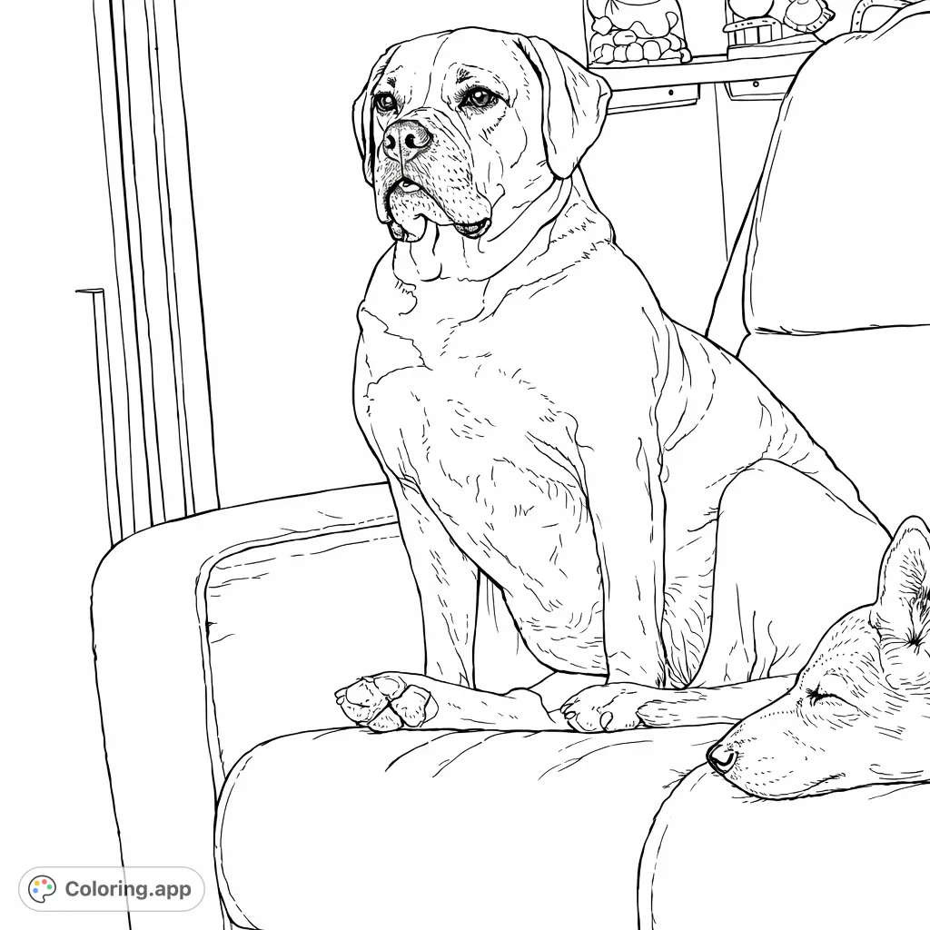 An endearing scene featuring two dogs relaxing on a sofa, one sitting alertly, the other peacefully resting. A charming dog coloring page for animal lovers.