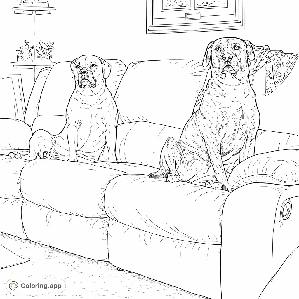 Two large, friendly dogs relax on a cozy sofa, gazing forward. A charming scene for pet lovers to color and personalize.