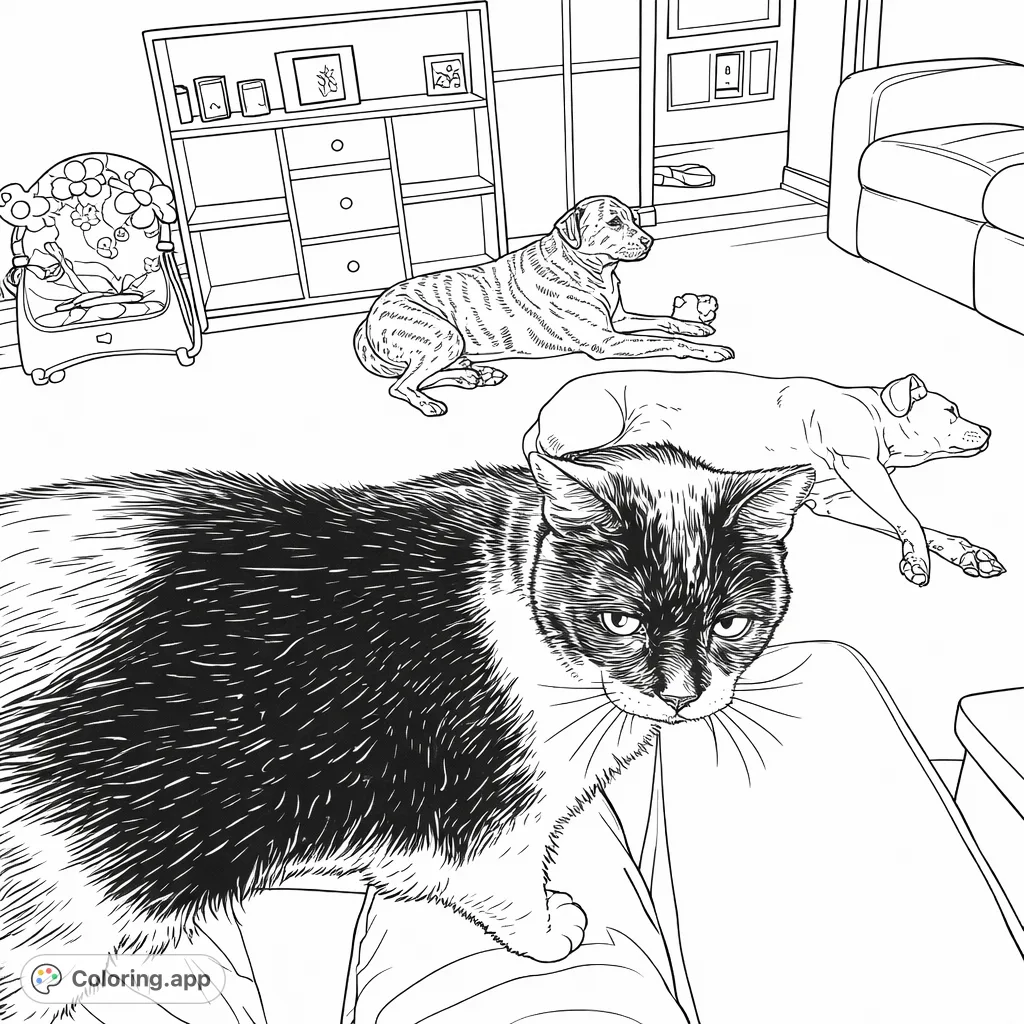 A heartwarming coloring page featuring a prominent cat on a lap, with two dogs resting nearby, all in a cozy home setting. Perfect for pet lovers.