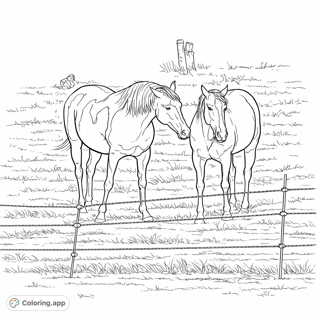 Capture the serene beauty of two horses standing together in a peaceful field, featuring distinct markings and a natural landscape. A charming animal scene.