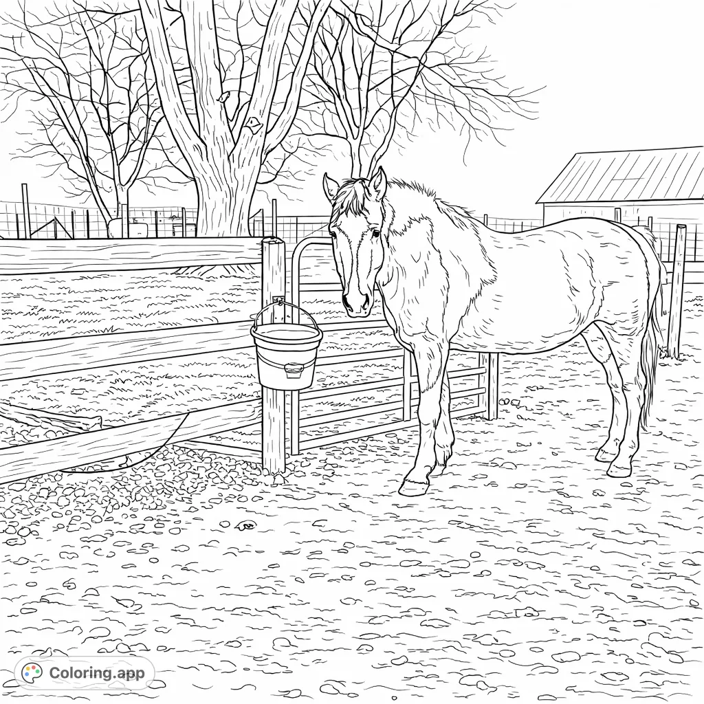 Capture the essence of a majestic horse with unique markings standing by a rustic fence. A charming farm scene, perfect for nature and animal lovers.
