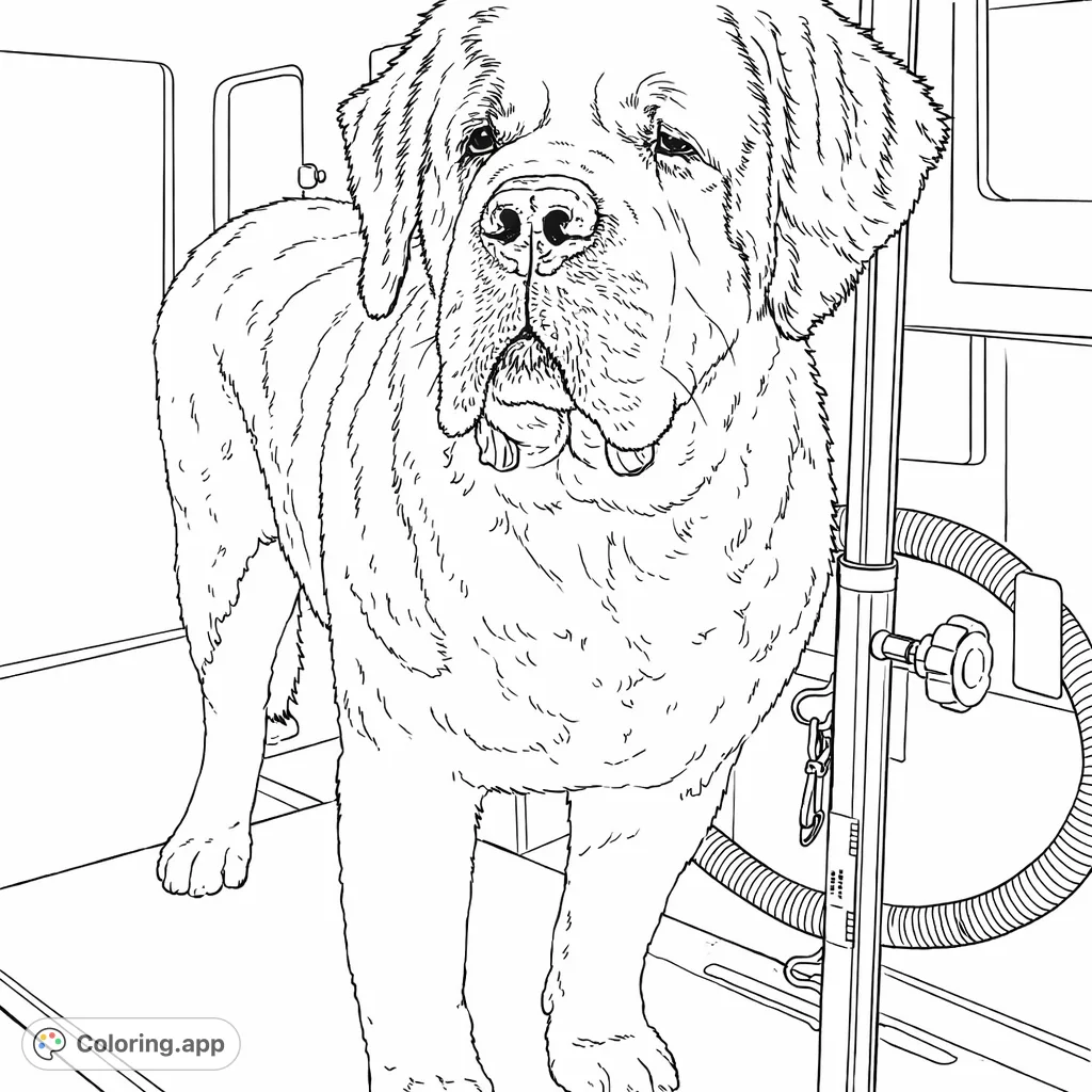 A majestic Saint Bernard on a grooming table, featuring distinct fur patterns and a calm expression. Perfect for dog lovers of all ages!