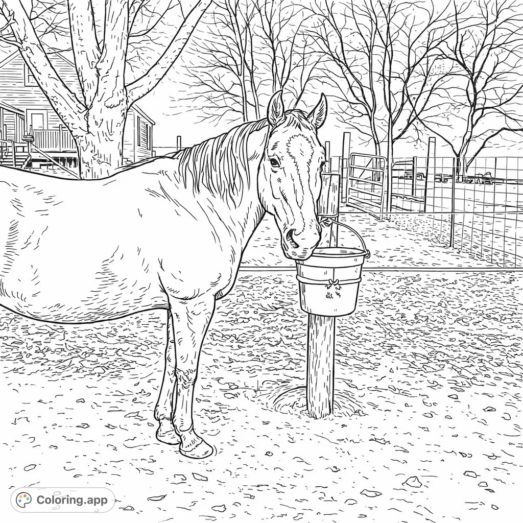 Color a magnificent horse with a distinctive facial marking, standing by a fence amidst bare trees and a distant building, offering a serene rural scene.