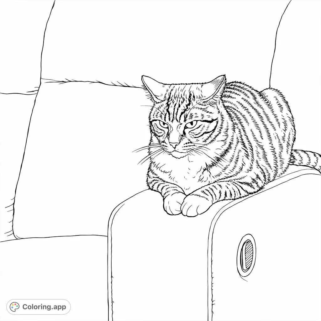 A serene tabby cat with expressive features sits calmly on a plush armchair. Perfect for cat lovers to color and bring to life.