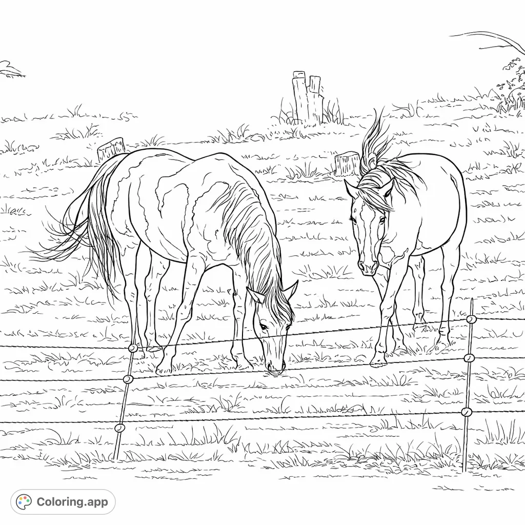 Capture the serene beauty of two horses in a grassy field, one grazing peacefully, the other observing. A delightful scene for animal lovers of all ages.
