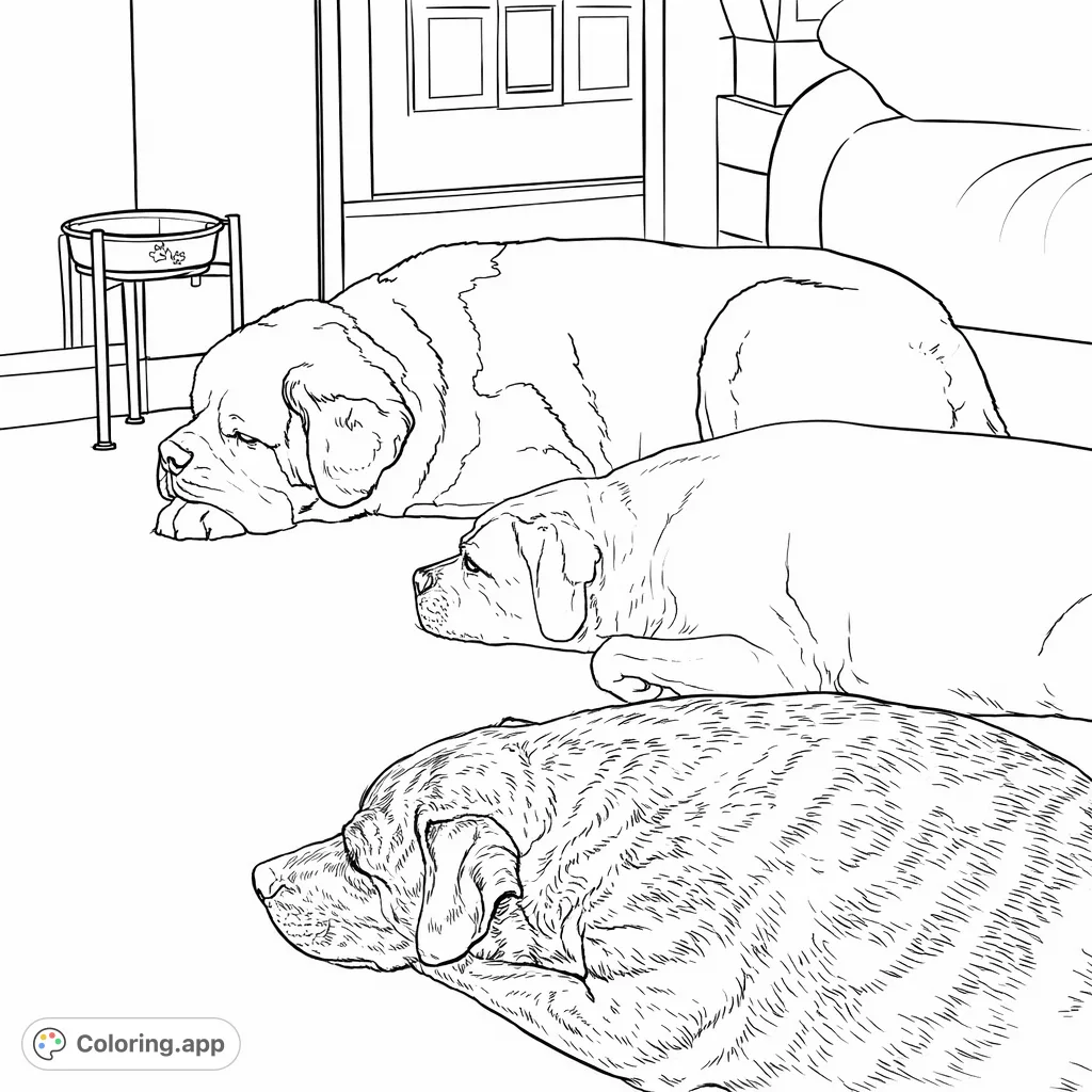 Relax with this charming sleeping dogs coloring page featuring a large, medium, and brindle dog napping. A cozy scene perfect for animal lovers.