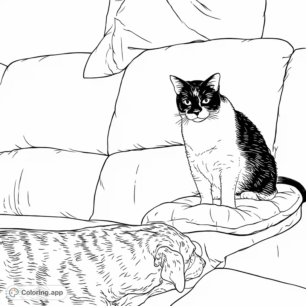 A charming scene featuring two cats on a plush couch, one observing attentively while the other rests. Perfect for cat lovers!