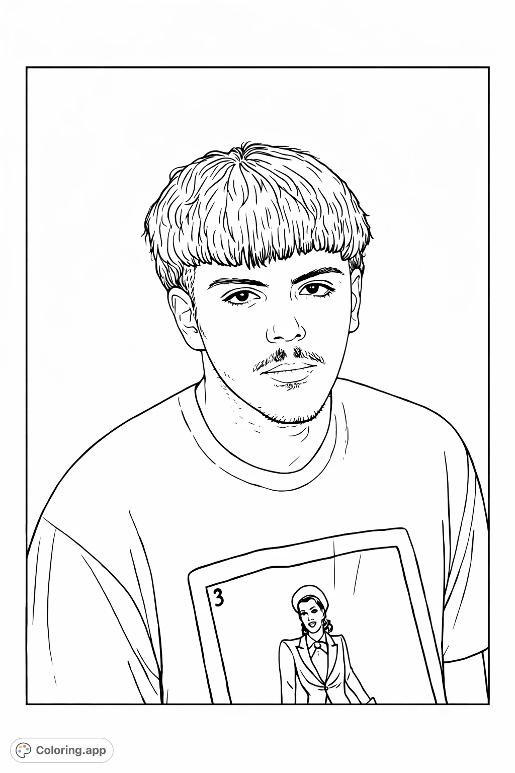 Color a portrait of a young man featuring a unique haircut and a vintage-style graphic on his tee, showcasing a woman in a classic suit. Perfect for trendy coloring fun.