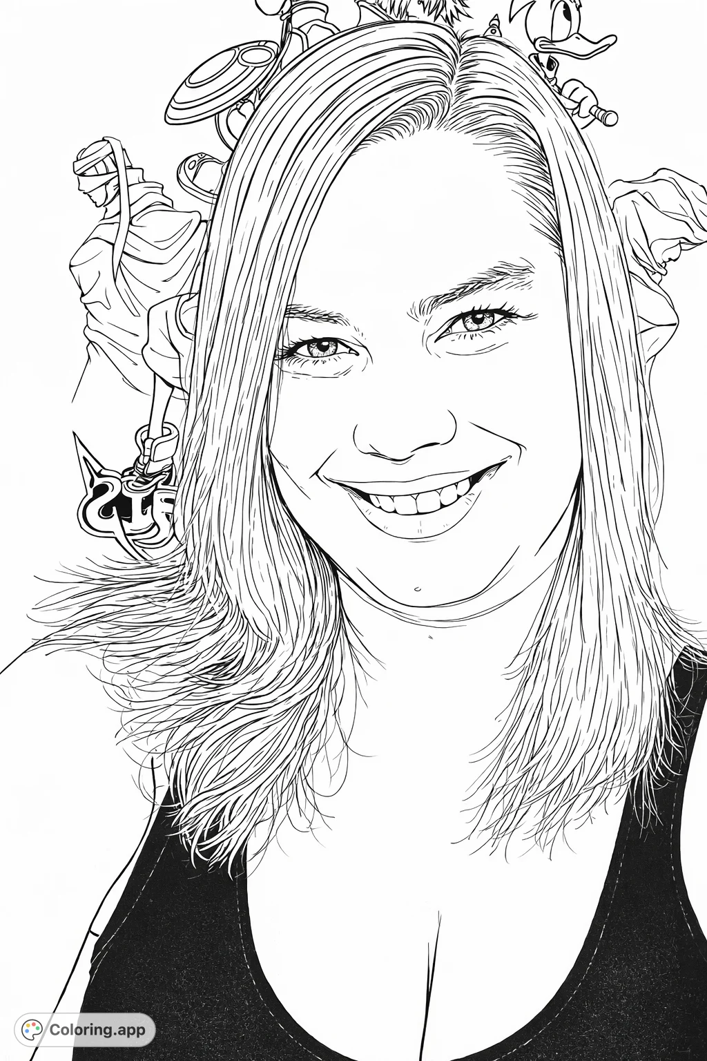 Smile brightly with this unique coloring page featuring a person with distinctive, split-style hair and a fun, dynamic anime-inspired poster backdrop.