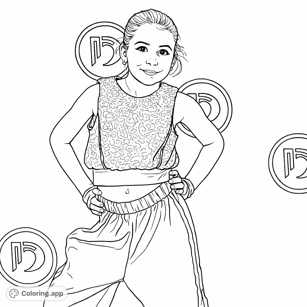 Capture the spirit of dance with this confident young dancer coloring page. Features a girl in a performance outfit against a dynamic logo background.