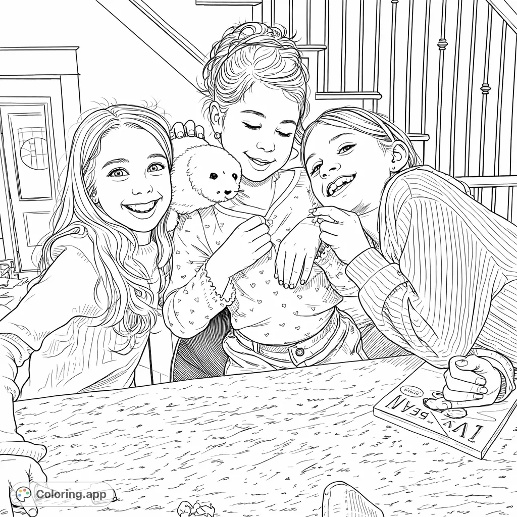 Three cheerful girls share a moment, one hugging a cute plush seal, surrounded by everyday objects on a counter. Perfect for family and friendship themes.
