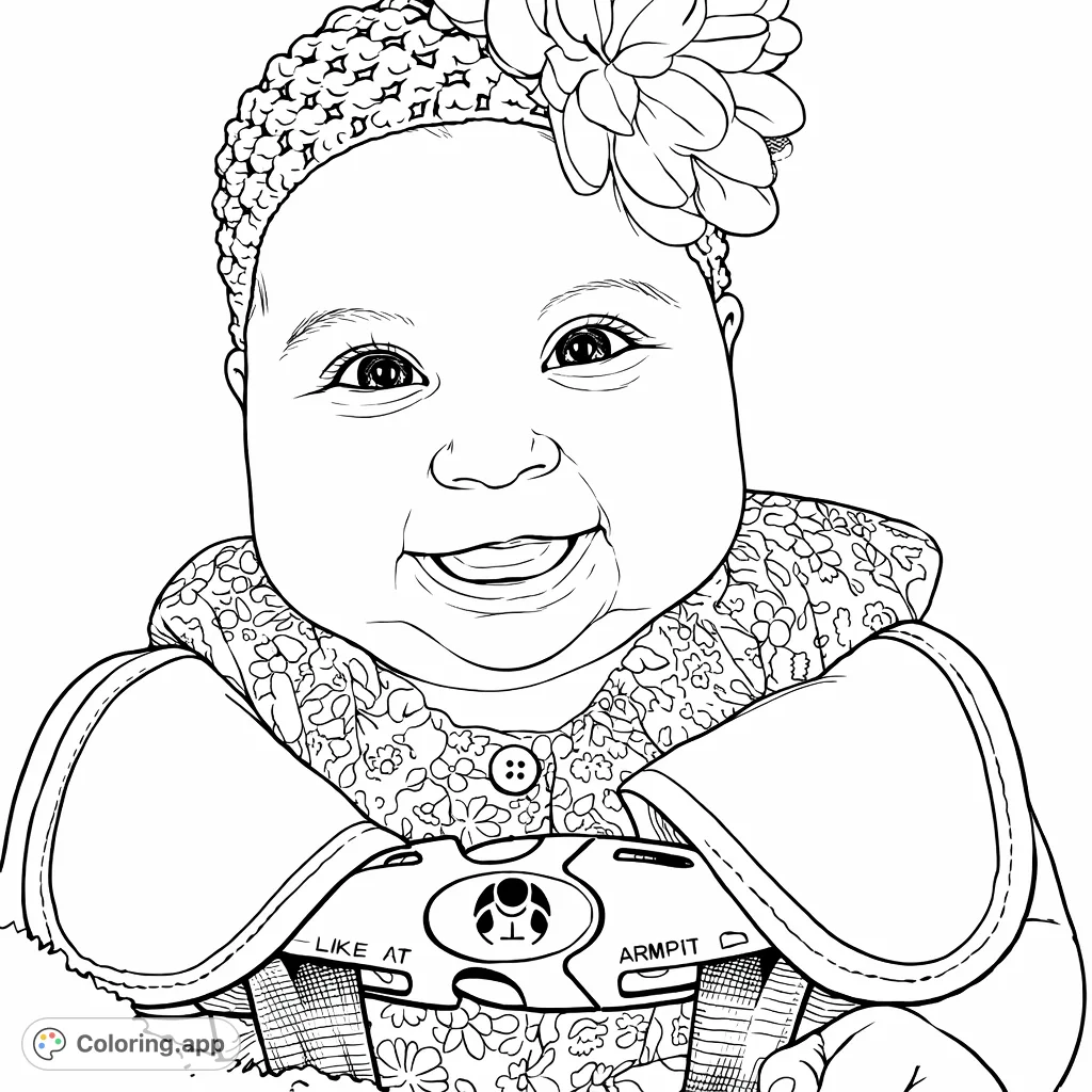 Capture pure joy with this adorable baby coloring page! Features a smiling infant in a floral top and headband, perfect for celebrating new beginnings.