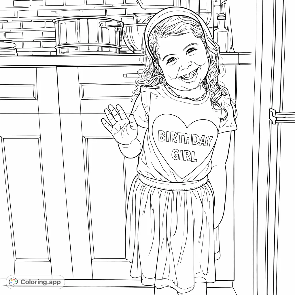 A joyful young girl in a "Birthday Girl" shirt and layered skirt, waving cheerfully in a kitchen setting. Celebrate her special day!
